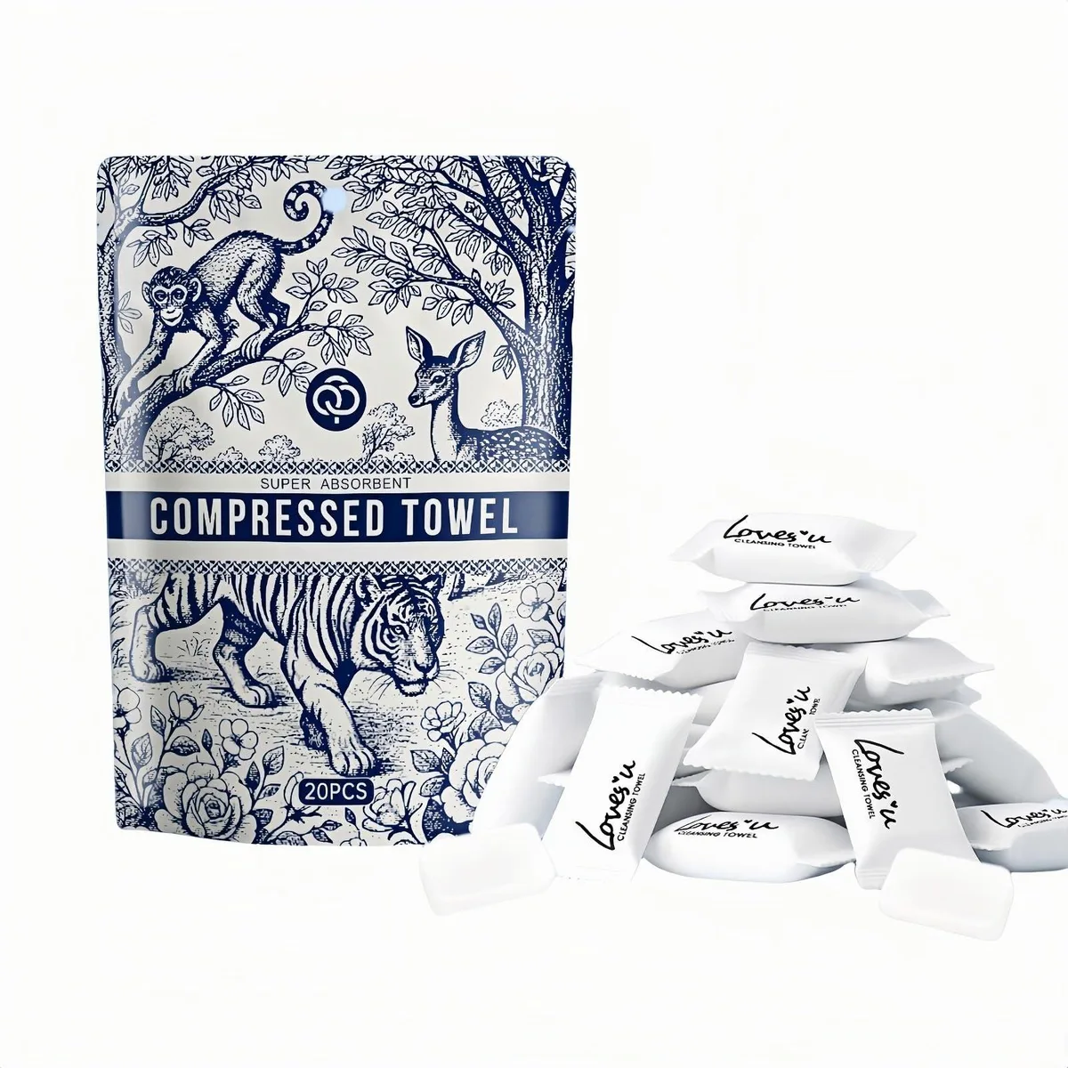 20 individually wrapped white compressed towels in a pack