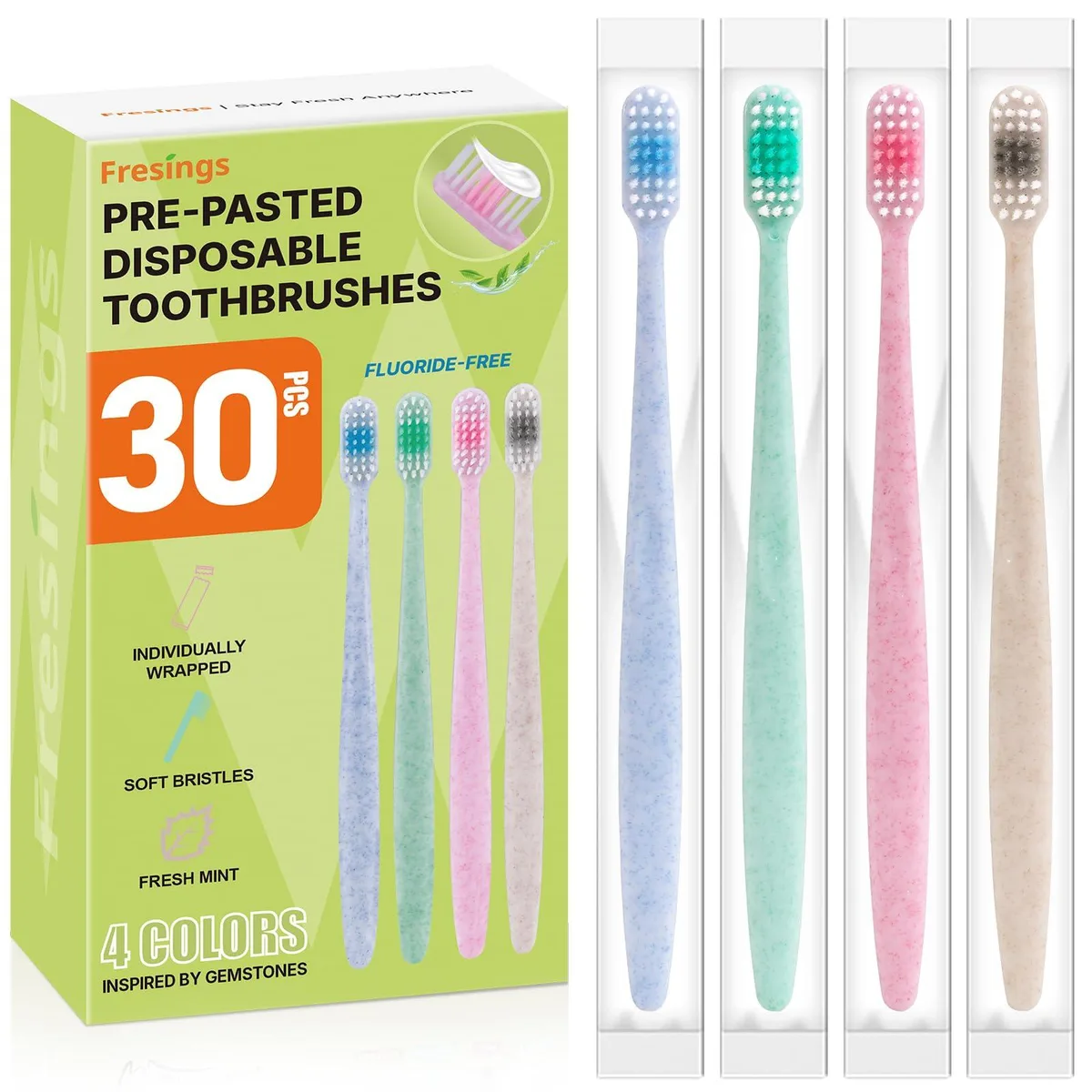 Box of 30 individually wrapped disposable toothbrushes in assorted colours