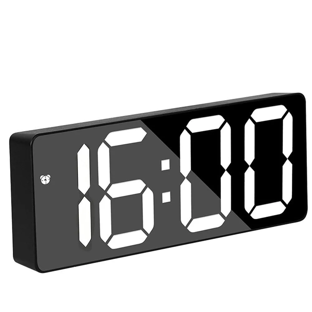 Black rectangular digital alarm clock with large LED display showing time date and temperature USB cable included
