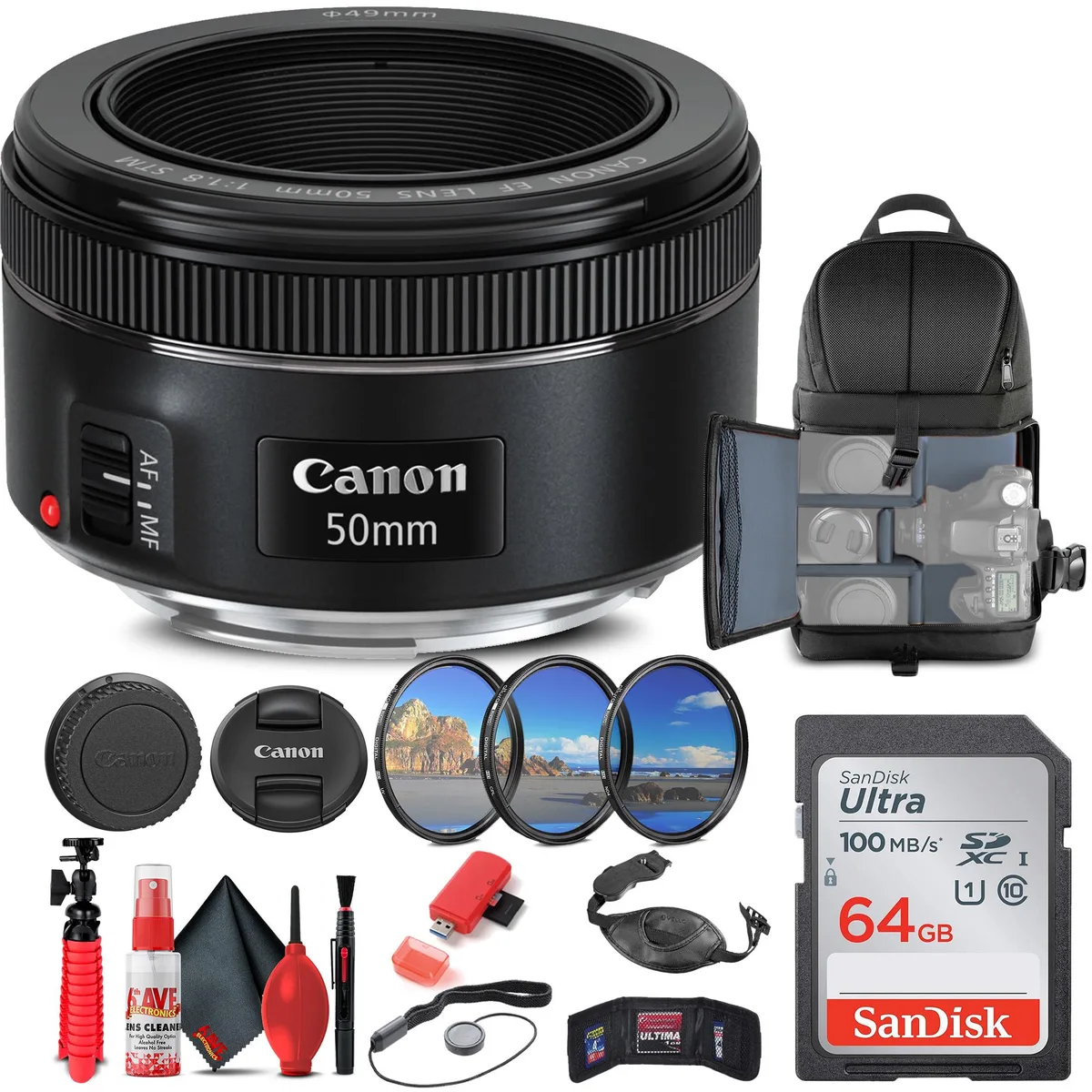 Canon Canon EF 50mm f/1.8 STM Lens Bundle with 64GB Card, Backpack, Filters, Tripod — product photo
