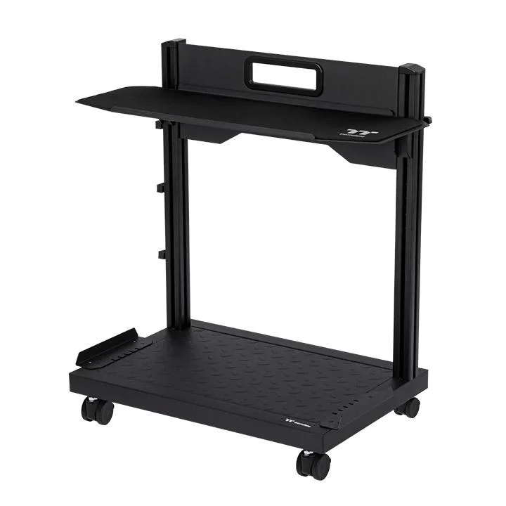 Black freestanding iron gear stand with two shelves and four casters