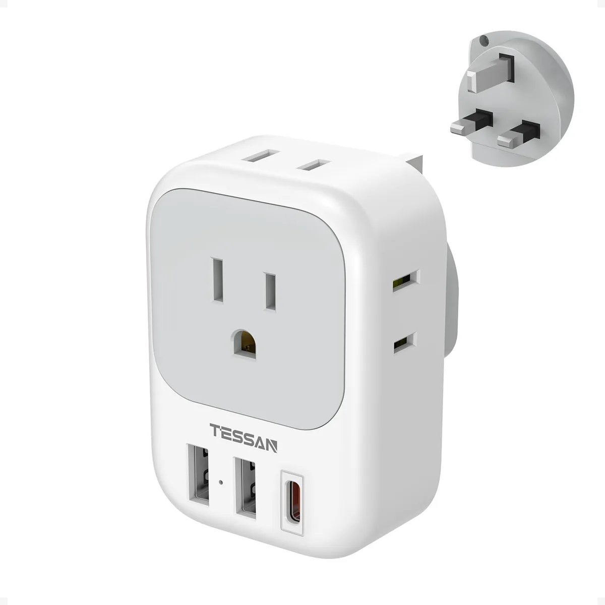 TESSAN TS-161-UK-C-PD Type G Power Adapter 20W USB-C 4 Outlets 3 USB Ports Gray — product photo