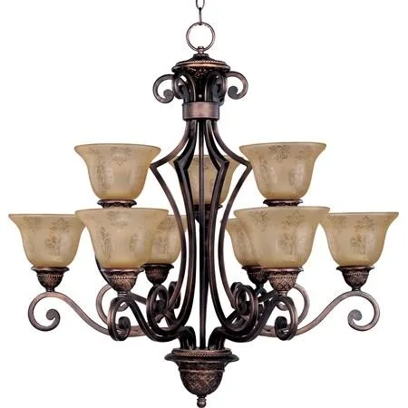 Oil rubbed bronze 9-light chandelier 32 inches wide with amber or vanilla glass shades