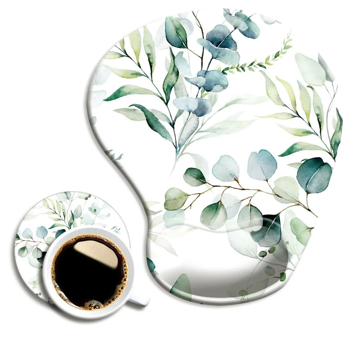 Rectangular mouse pad with raised wrist rest, eucalyptus leaf print, grey fabric surface