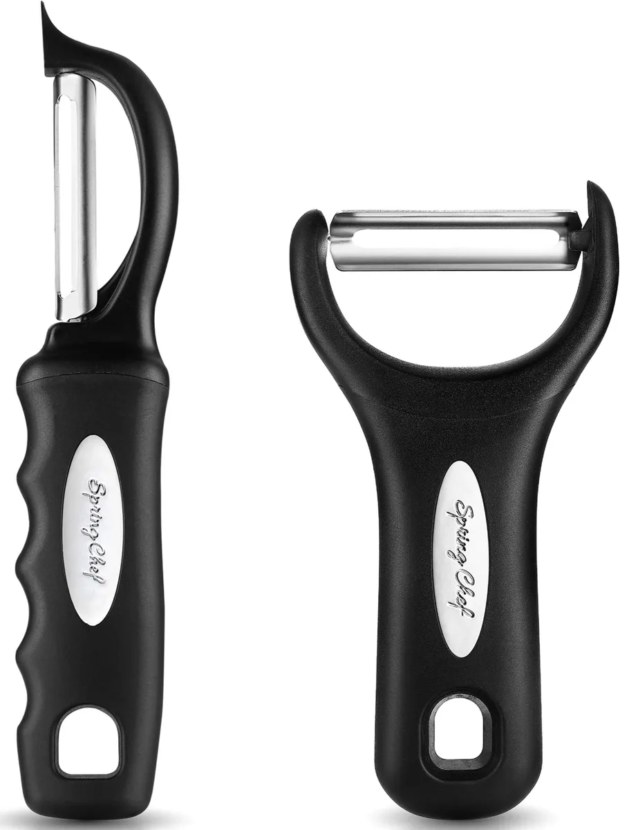 Two peelers, swivel and Y-shaped, soft rubber handles, stainless steel blades