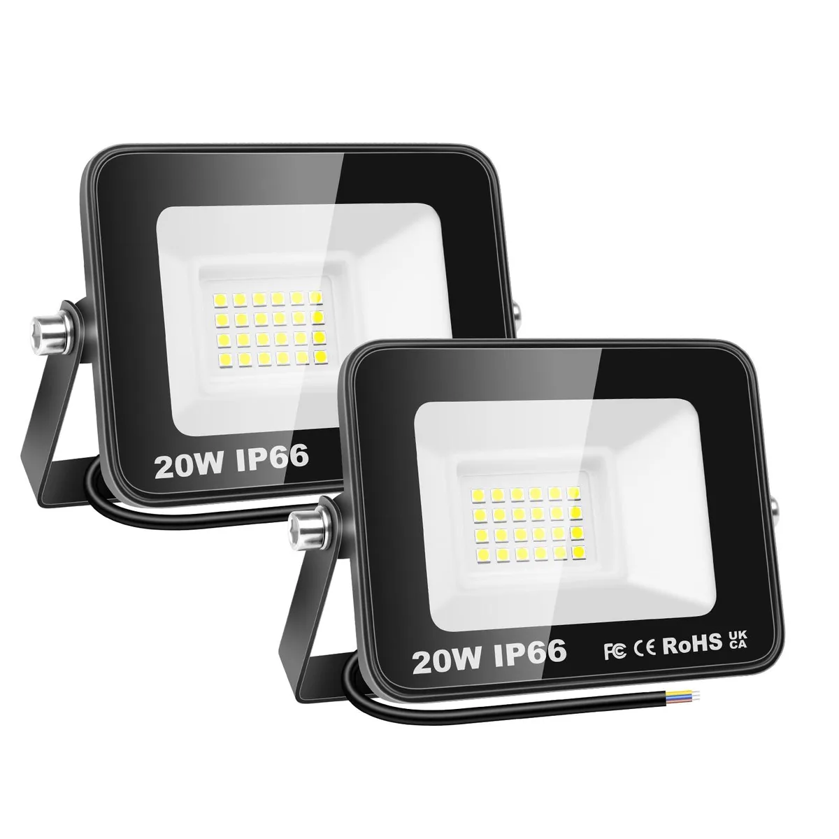 Two compact white LED floodlights with adjustable metal brackets and tempered glass lenses