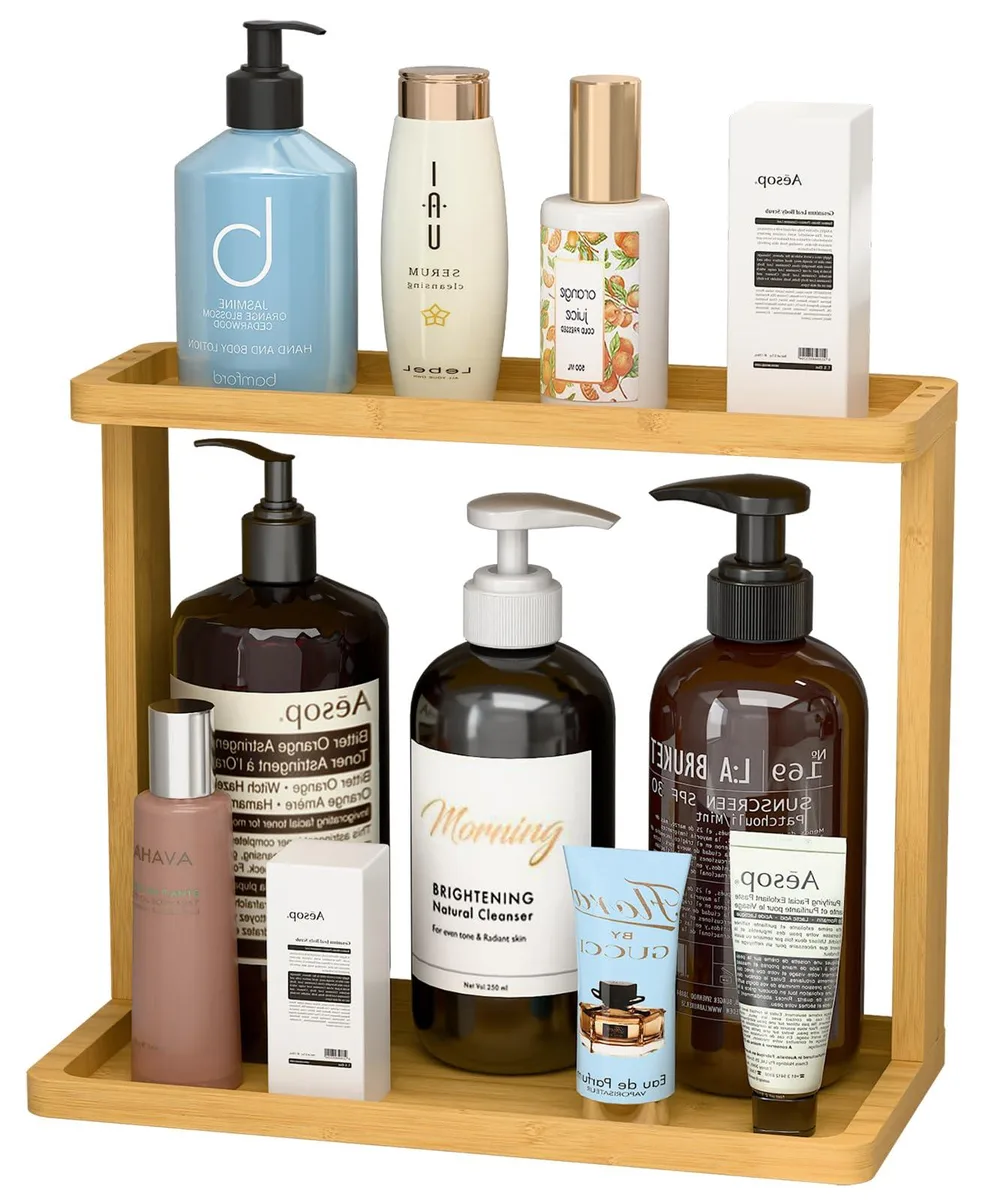 Compact bamboo countertop shelf, natural finish, three open tiers
