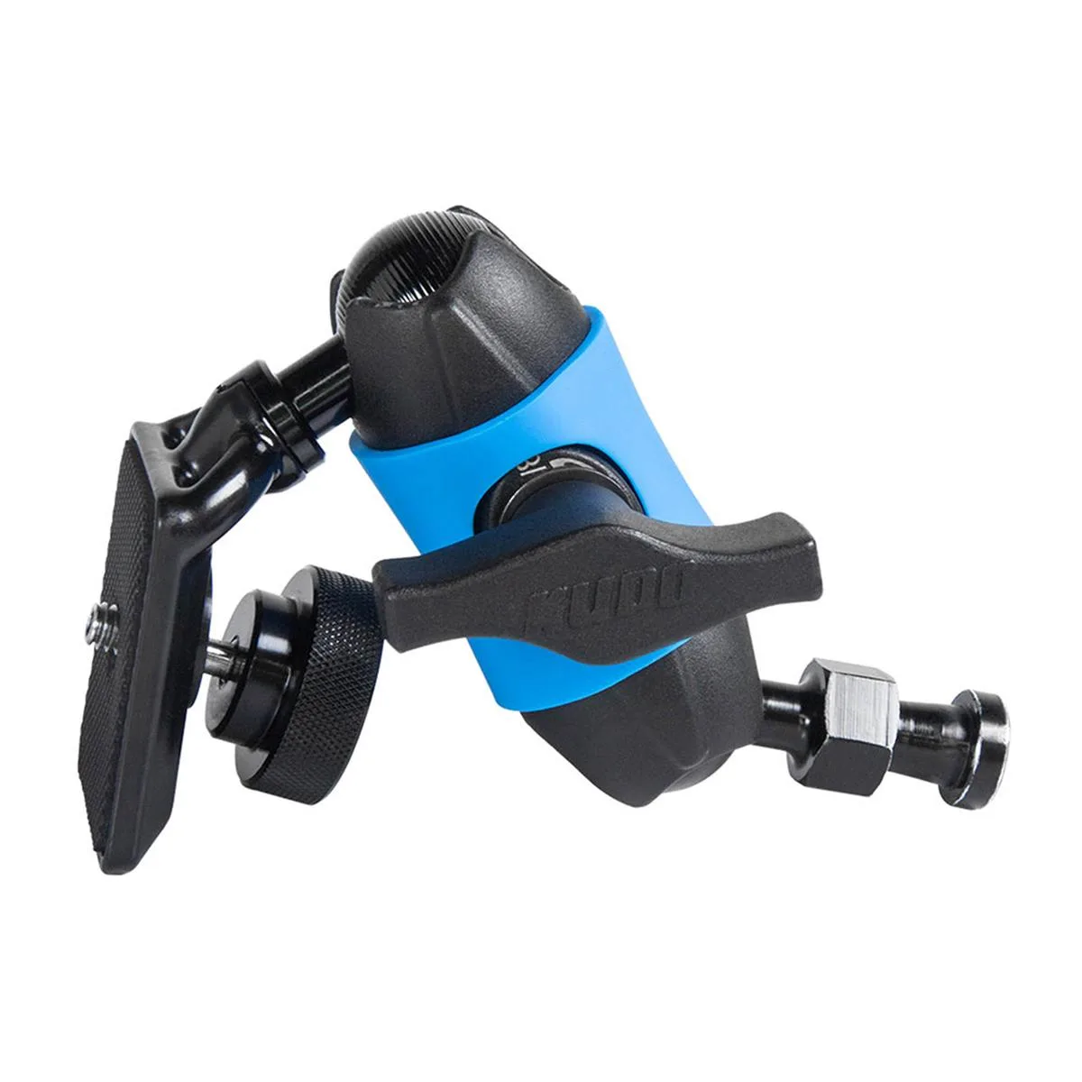 Aluminium and rubber Super Knuckle with 1/4"-20 camera plate and 5/8" hex baby stud, 40 mm wide, 50 mm long, 130-degree angle