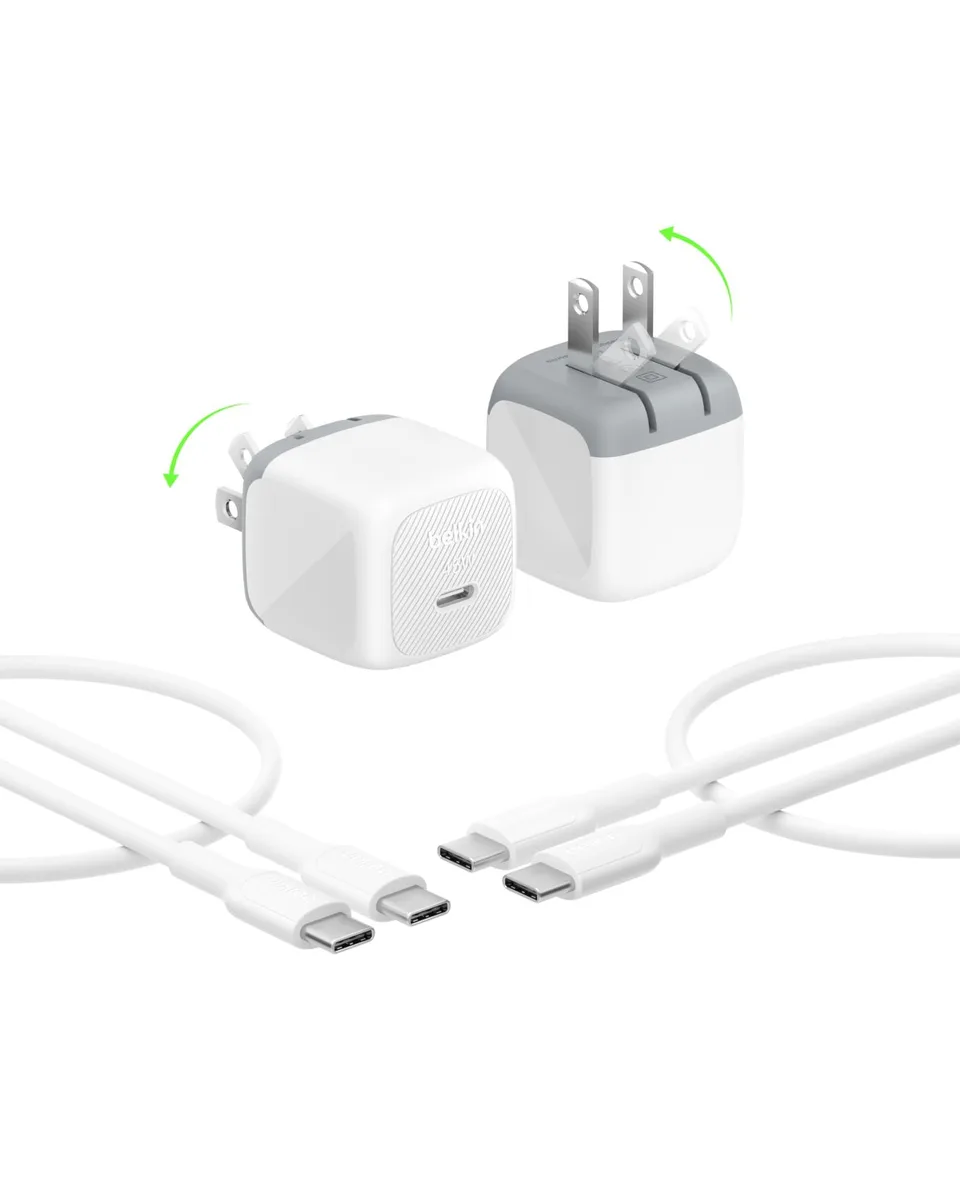 Two compact white USB-C chargers with foldable prongs and matching 3.3 ft cables