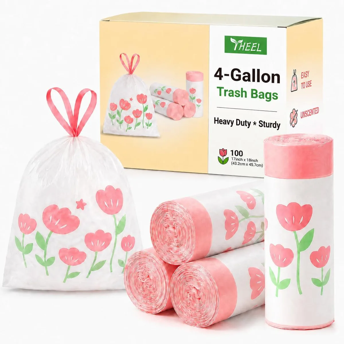 Pink 4 gallon drawstring trash bags on a roll