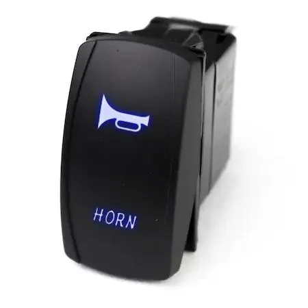 Black rectangular rocker switch with blue LED horn symbol and rubber gasket