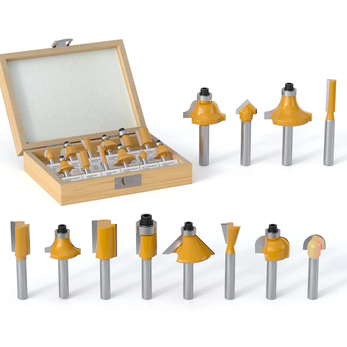 REKCKRUL Tungsten Carbide Router Bit Set 12 Pieces 1/4 Inch Shank — product photo