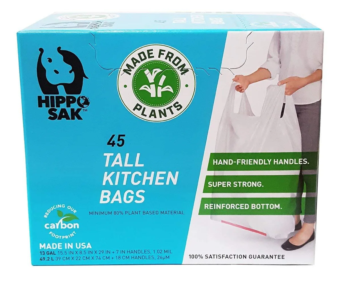 White plant-based kitchen trash bags with handles in 45-count pack