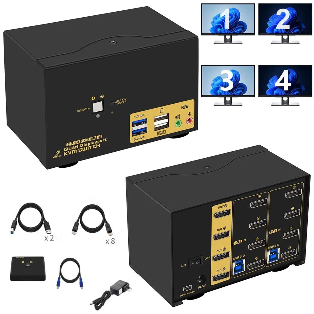 IHDAPP IHDAPP 2 Port DisplayPort USB 3.0 KVM Switch 4 Monitors 4K@144Hz 8K@30Hz — product photo