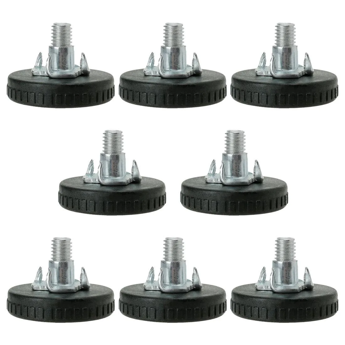 Eight M8 threaded leveling feet with plastic bases and T-nuts