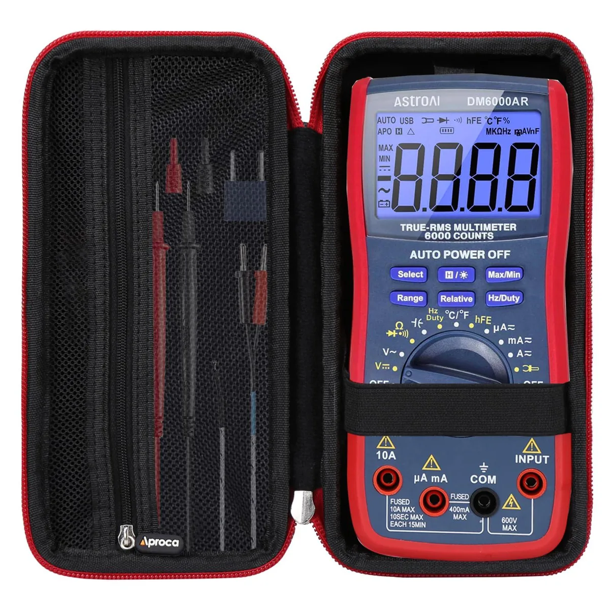 Hard EVA case with 1680D fabric, moulded for AstroAI TRMS 6000 multimeter, carry handle and mesh pocket