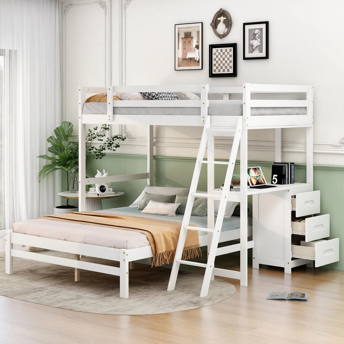 tuphen tuphen Twin over Full Bunk Bed with Desk and Three Drawers White — product photo