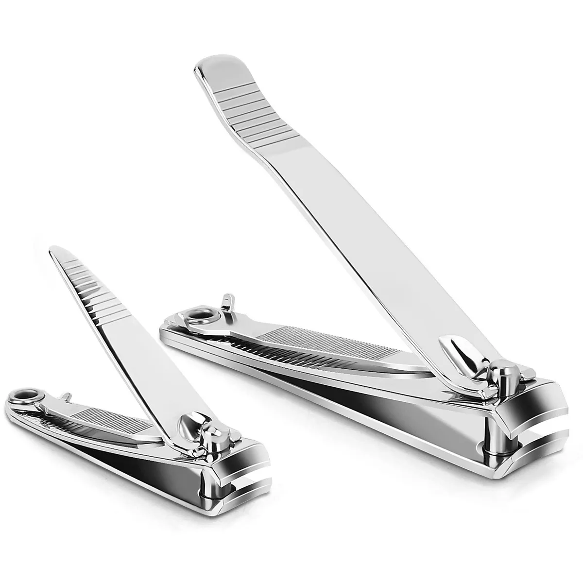 Two blue stainless steel nail clippers with curved blades and built-in files
