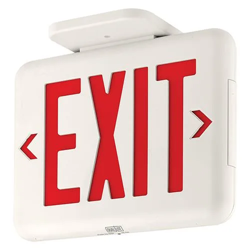 White plastic emergency exit sign with red letters, single or double face, universal chevrons, LED lighting