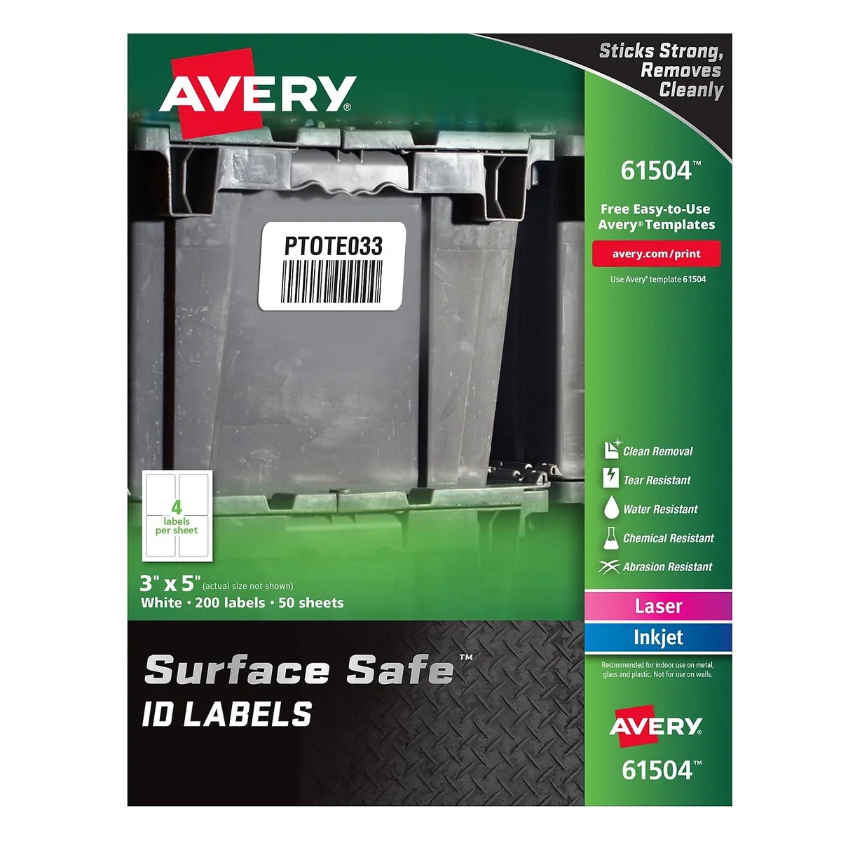 Avery Avery Labels Removable Surface Safe 3"x5" Red 200/PK 61504 — product photo
