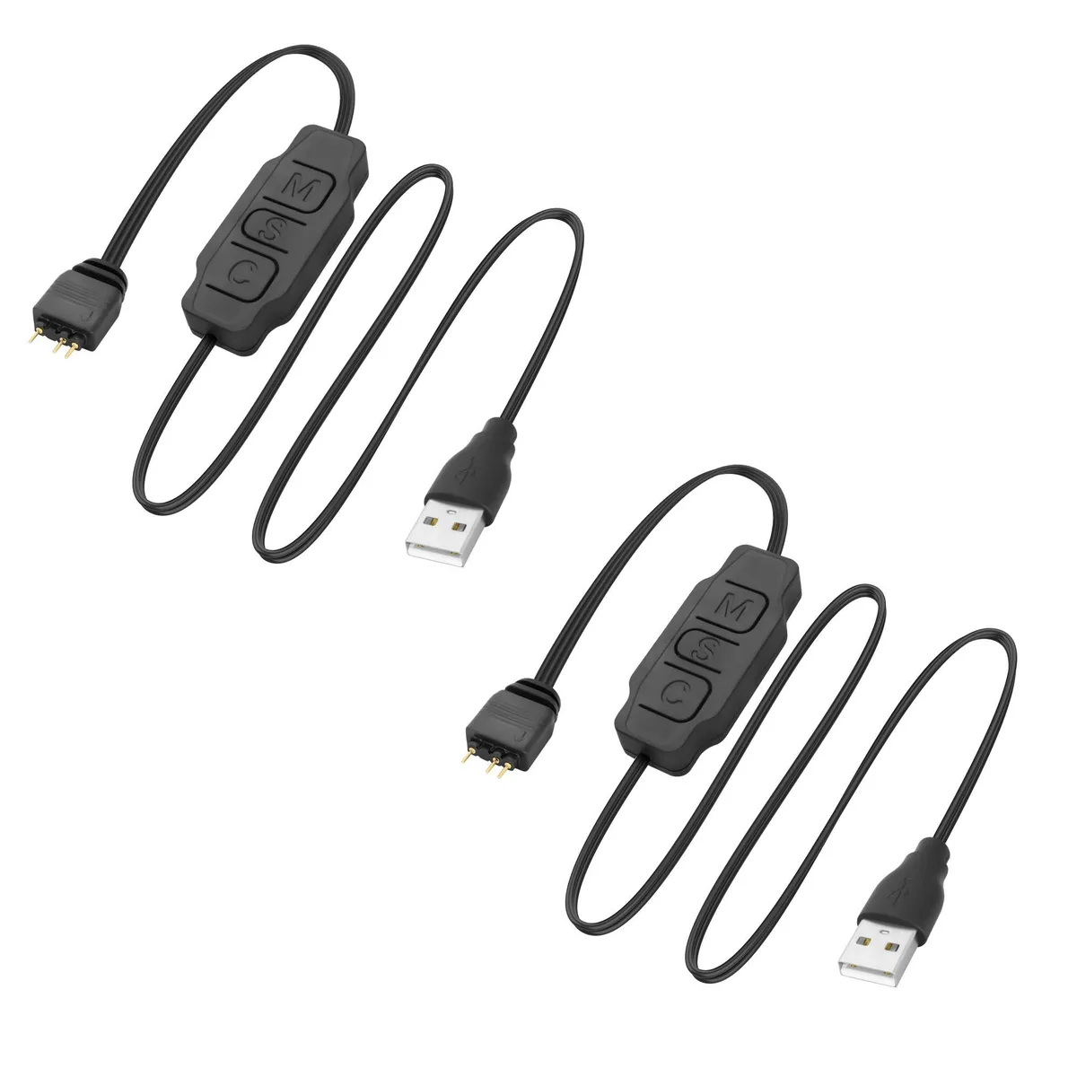 Two small ARGB controllers with USB-A plugs, 3-pin connectors, extension wires and three control buttons