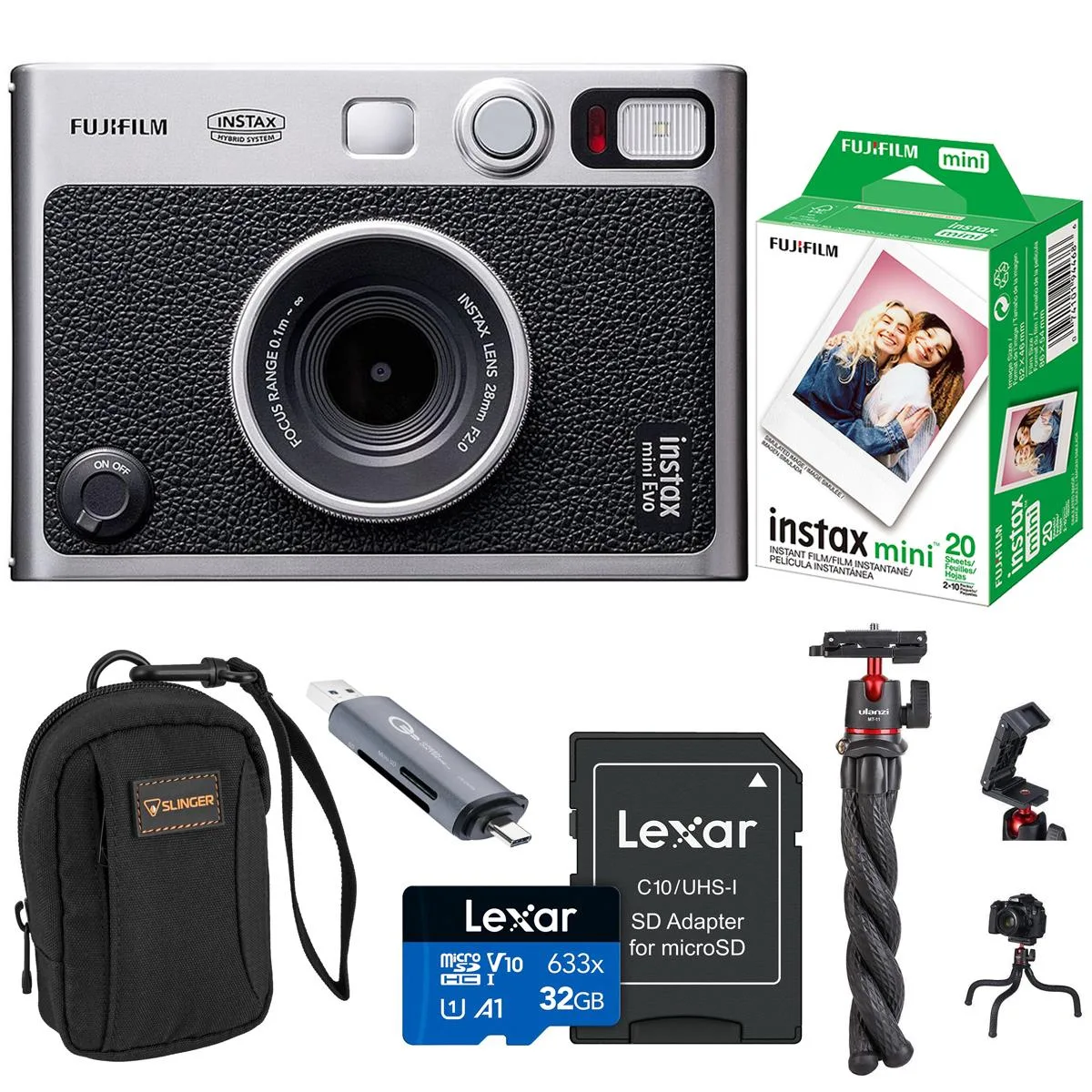 Black Instax Mini Evo camera with octopus tripod, slinger bag, film pack and memory card