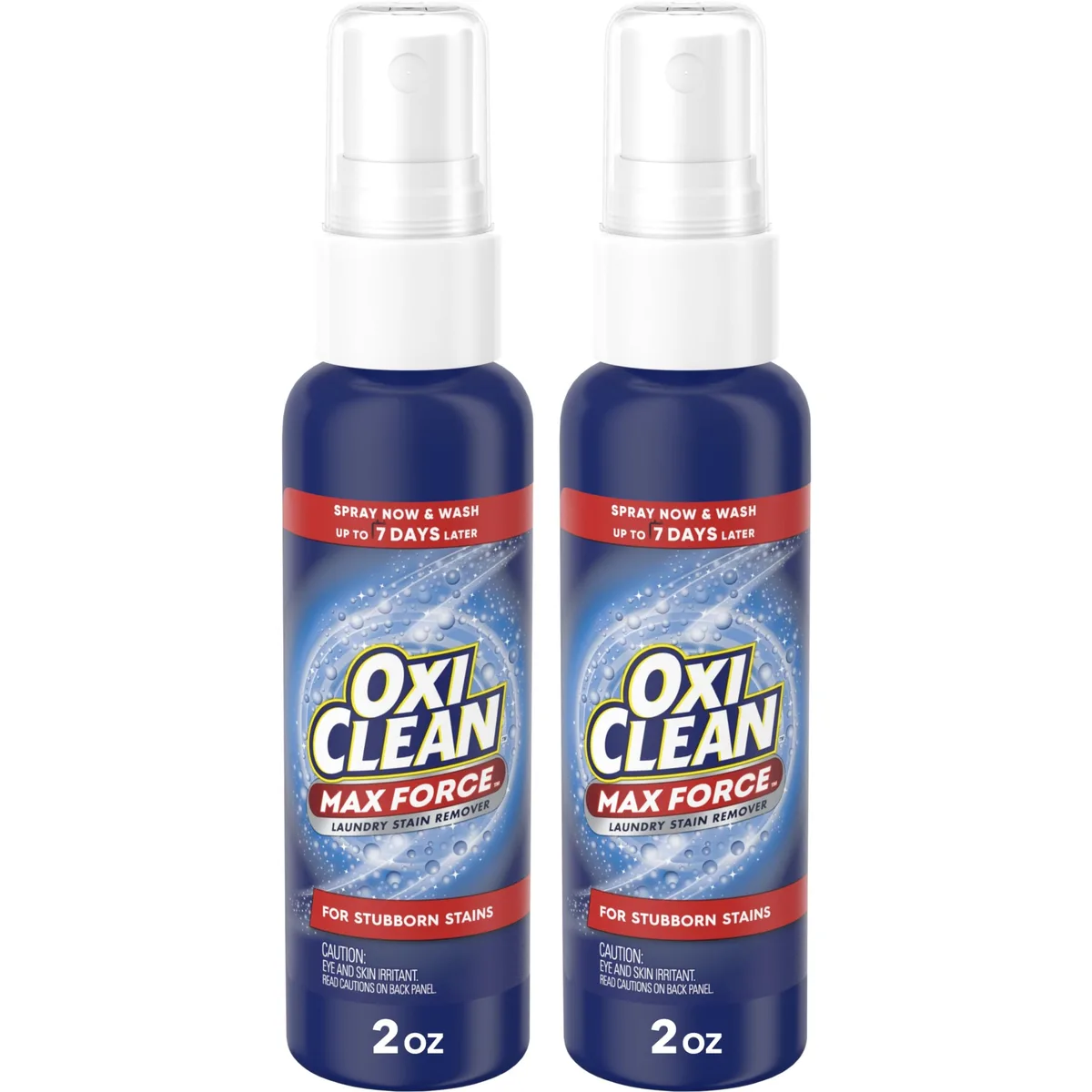 Two small white spray bottles with blue caps and labels