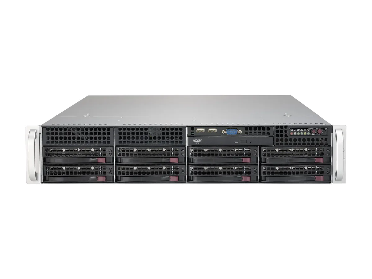 Silver 2U rackmount server chassis with eight front drive bays