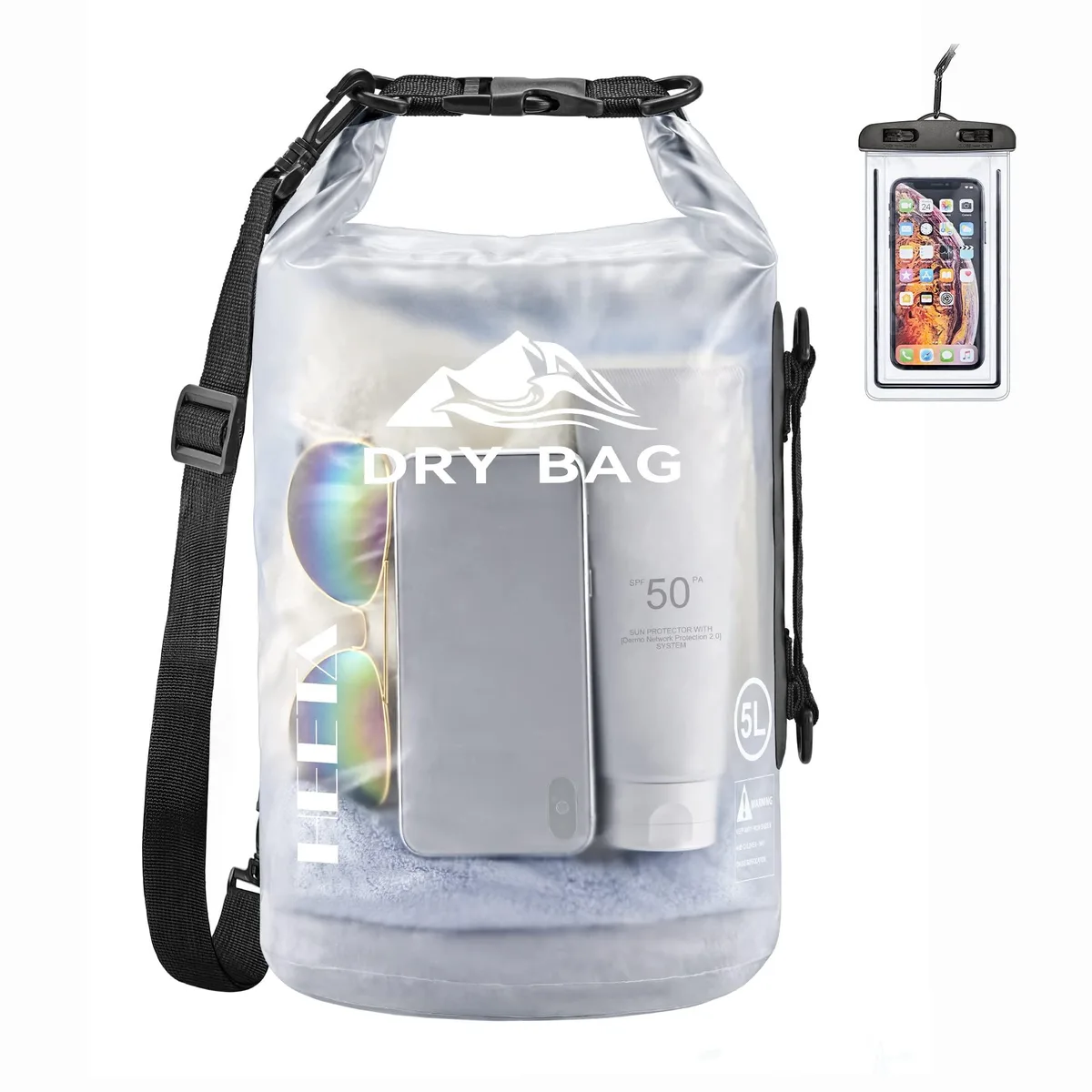 White transparent PVC roll-top dry bag with adjustable shoulder straps and side handle