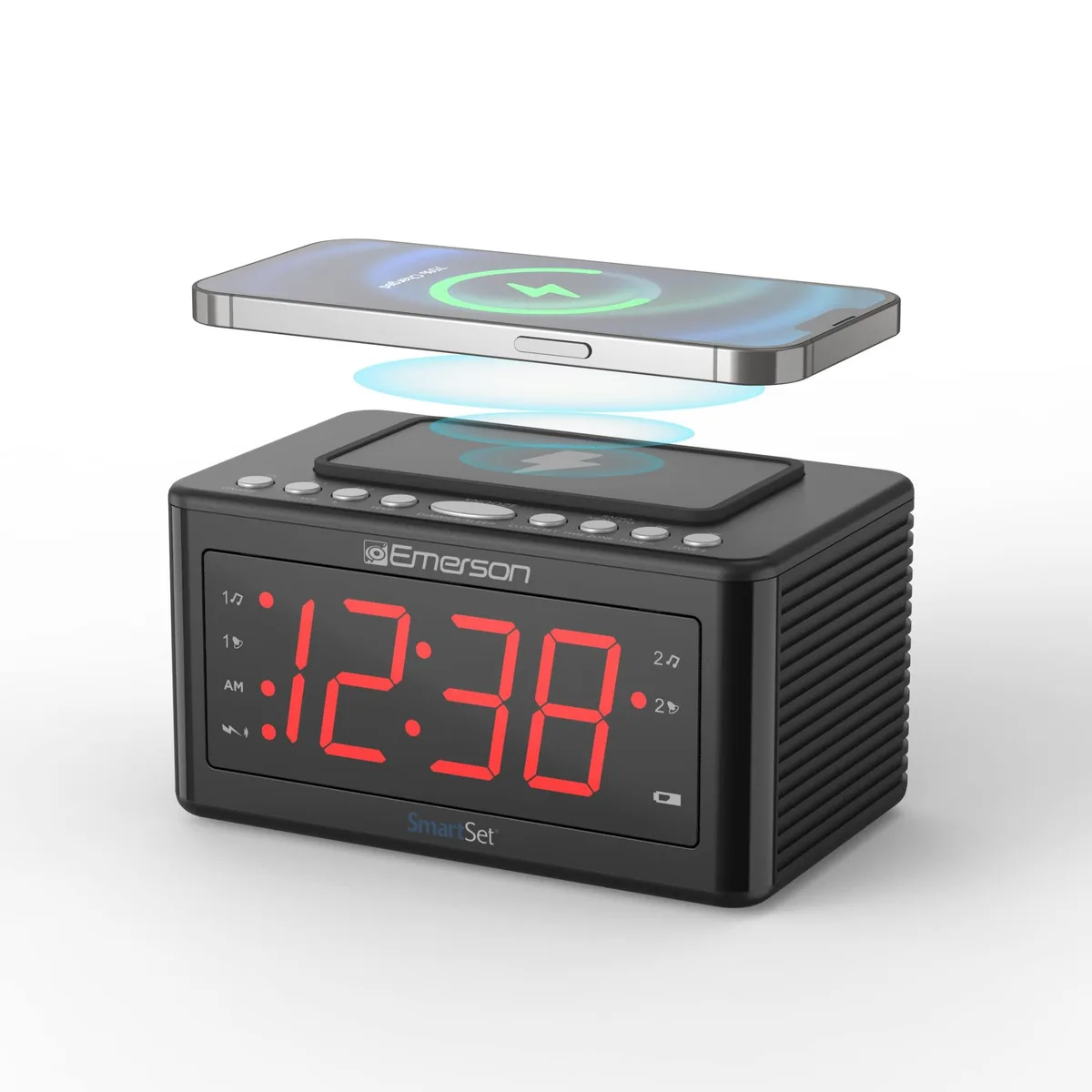 Emerson CKSW0555 Smart Sensor 1.4" LED 5W Wireless Charging Temp Sensor 32-140F Dual Alarm FM Radio White — product photo