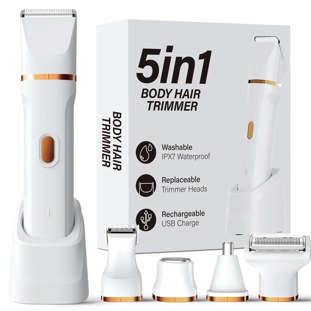 White cordless bikini trimmer with foil head and interchangeable attachments
