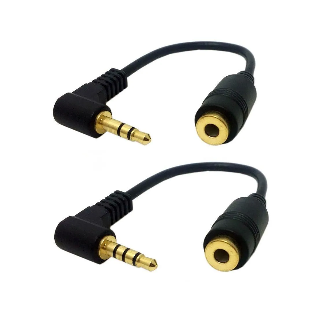 Two short 3.5 mm right-angle audio extension cables, male to female, 10 cm each