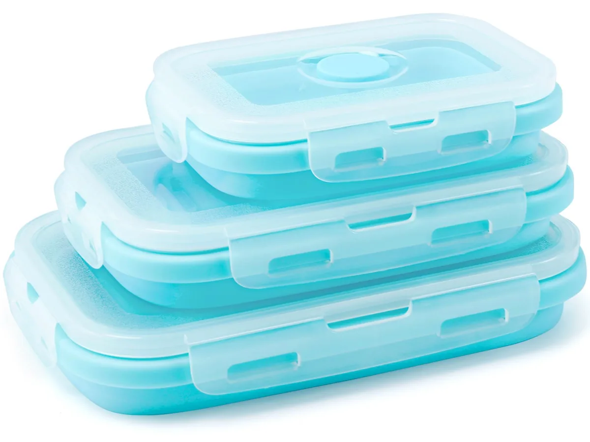 Three blue collapsible silicone containers with snap-on lids, nested by size