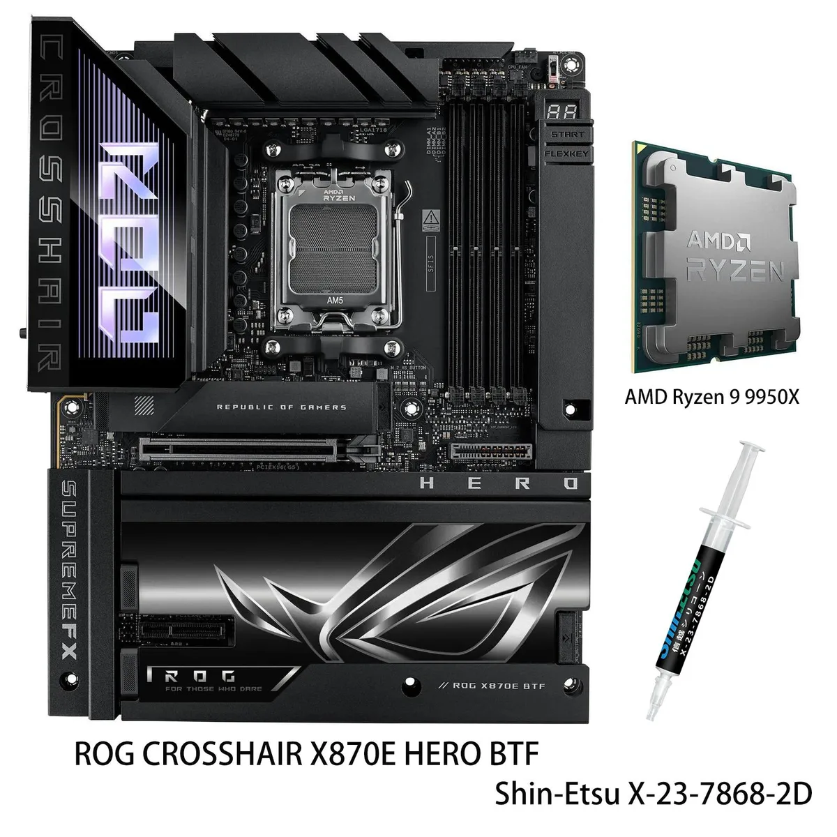 ASUS ASUS ROG CROSSHAIR X870E HERO BTF AMD motherboard &amp; Ryzen 9 9950X CPU combo — product photo