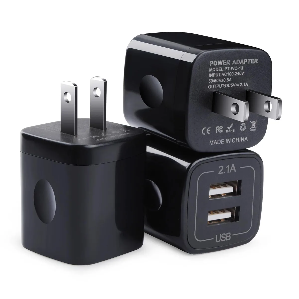  FiveBox PT-WC-13 3-pack dual-port USB-A wall charger 5V 2.1A black — product photo