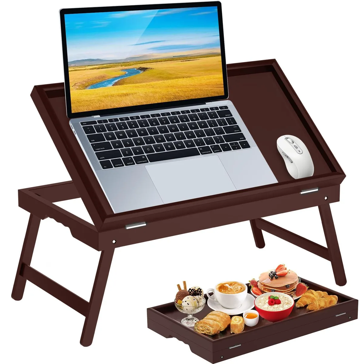 Bamboo foldable bed tray, 17 by 12 inches, black finish, folded flat with ergonomic handle visible