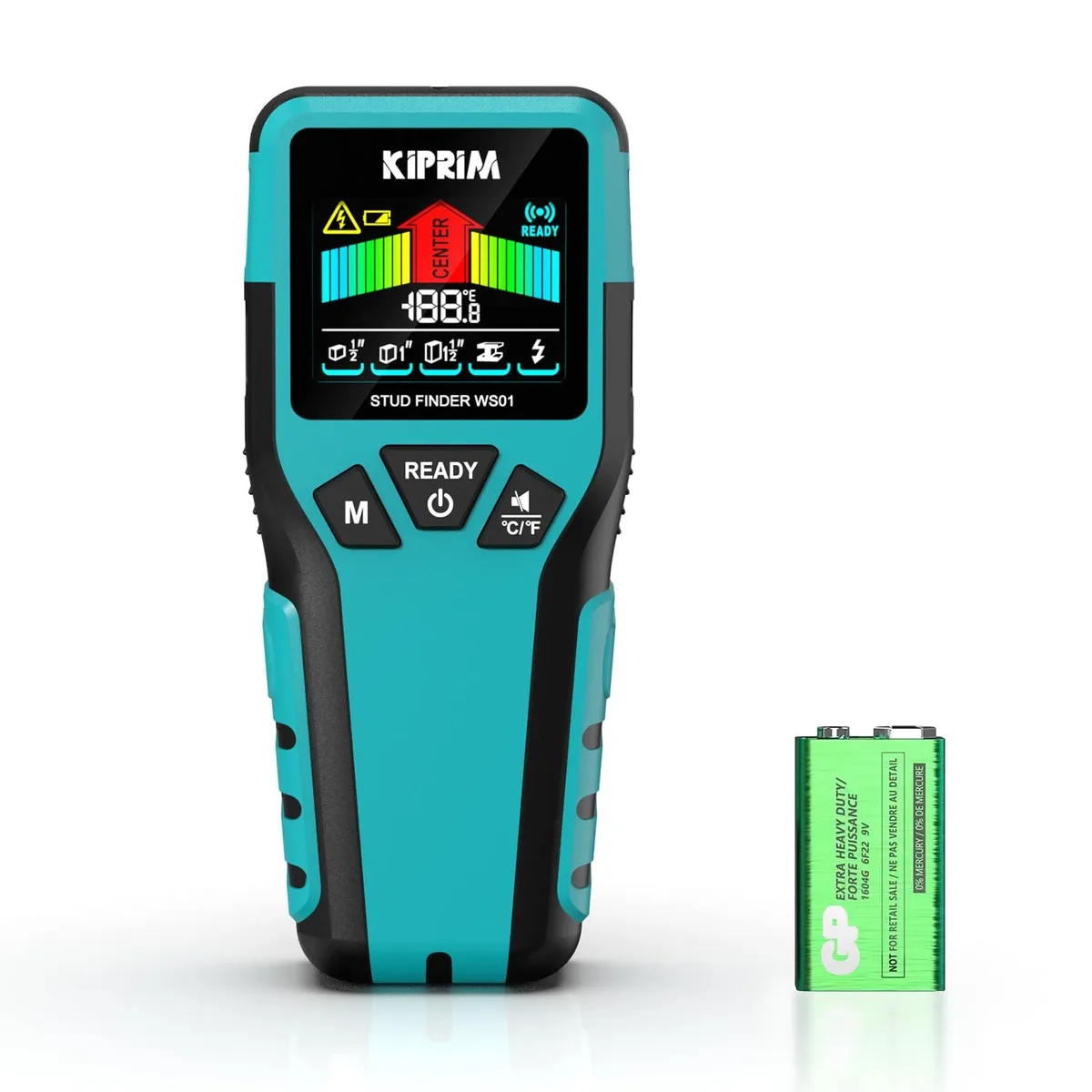 Handheld white stud finder with LCD screen and buttons