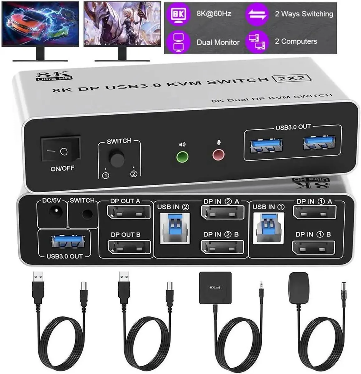 Vszerda Vszerda KVM switch 2 monitors 2 computers 8K@60Hz DP 1.4 USB 3.0 audio mic 3 USB 3.0 devices — product photo