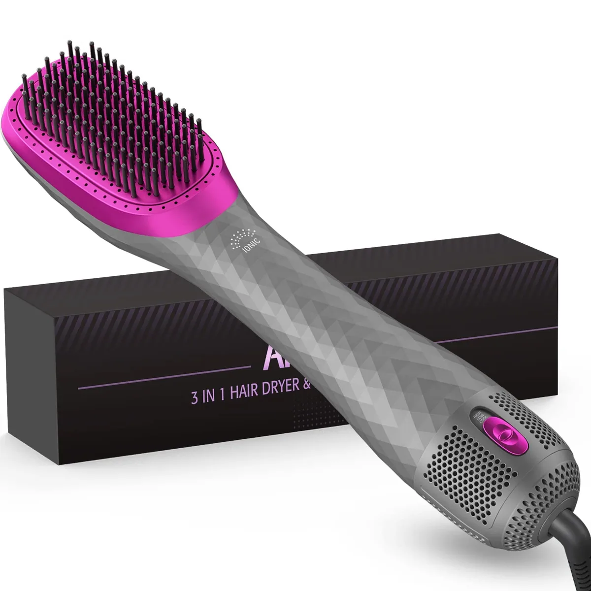 Gray oval brush barrel with nylon bristles and integrated dryer vents, matte finish, swivel cord attached