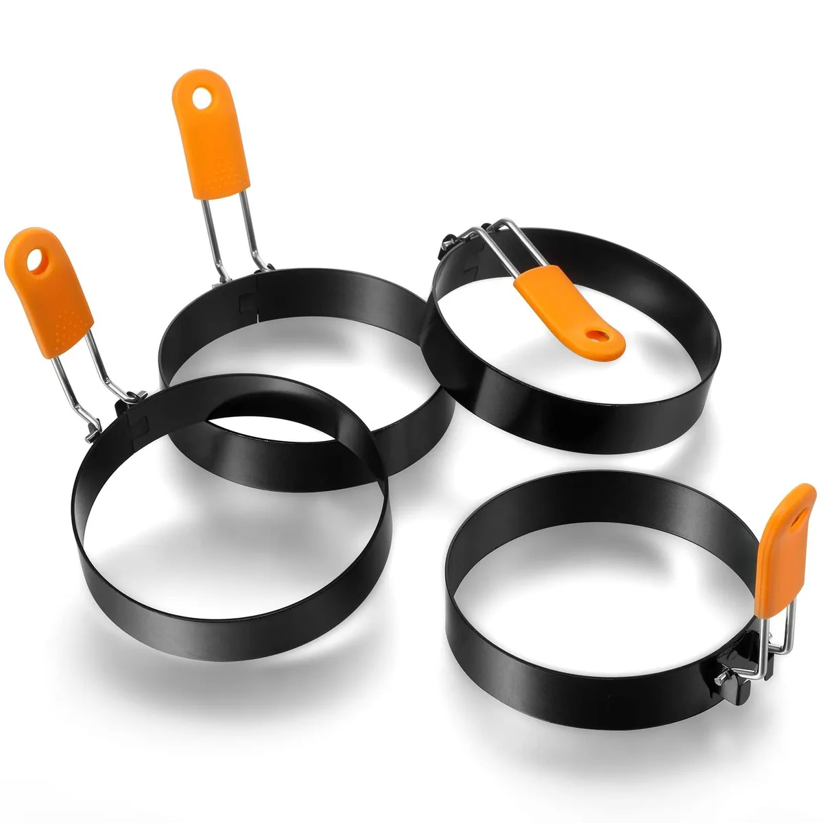 Four stainless steel rings with orange silicone handles