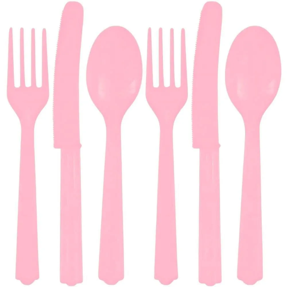 Pink plastic cutlery set, 24 pieces in a rectangular box