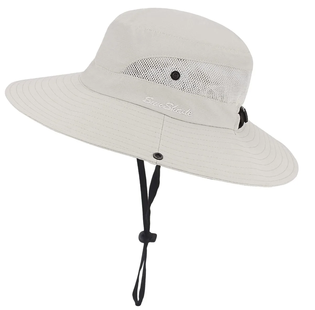Beige foldable sun hat with wide brim, ponytail hole and mesh vents