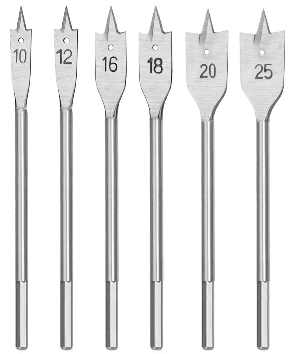 Six silver spade drill bits with 1/4 inch hex shanks in plastic case