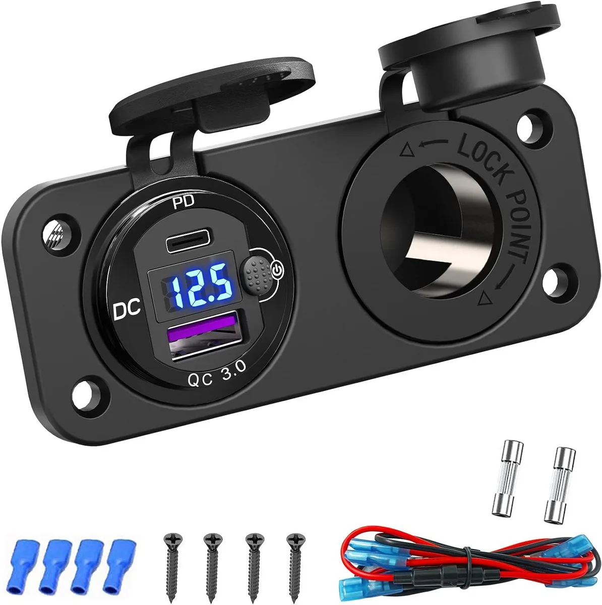 PISKEKAT PISKEKAT 12V 2-in-1 Charger Panel PD 20W QC 3.0 150-300W Voltmeter Switch — product photo