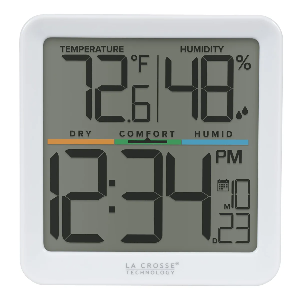 White rectangular digital comfort meter with LCD display showing time date temperature humidity