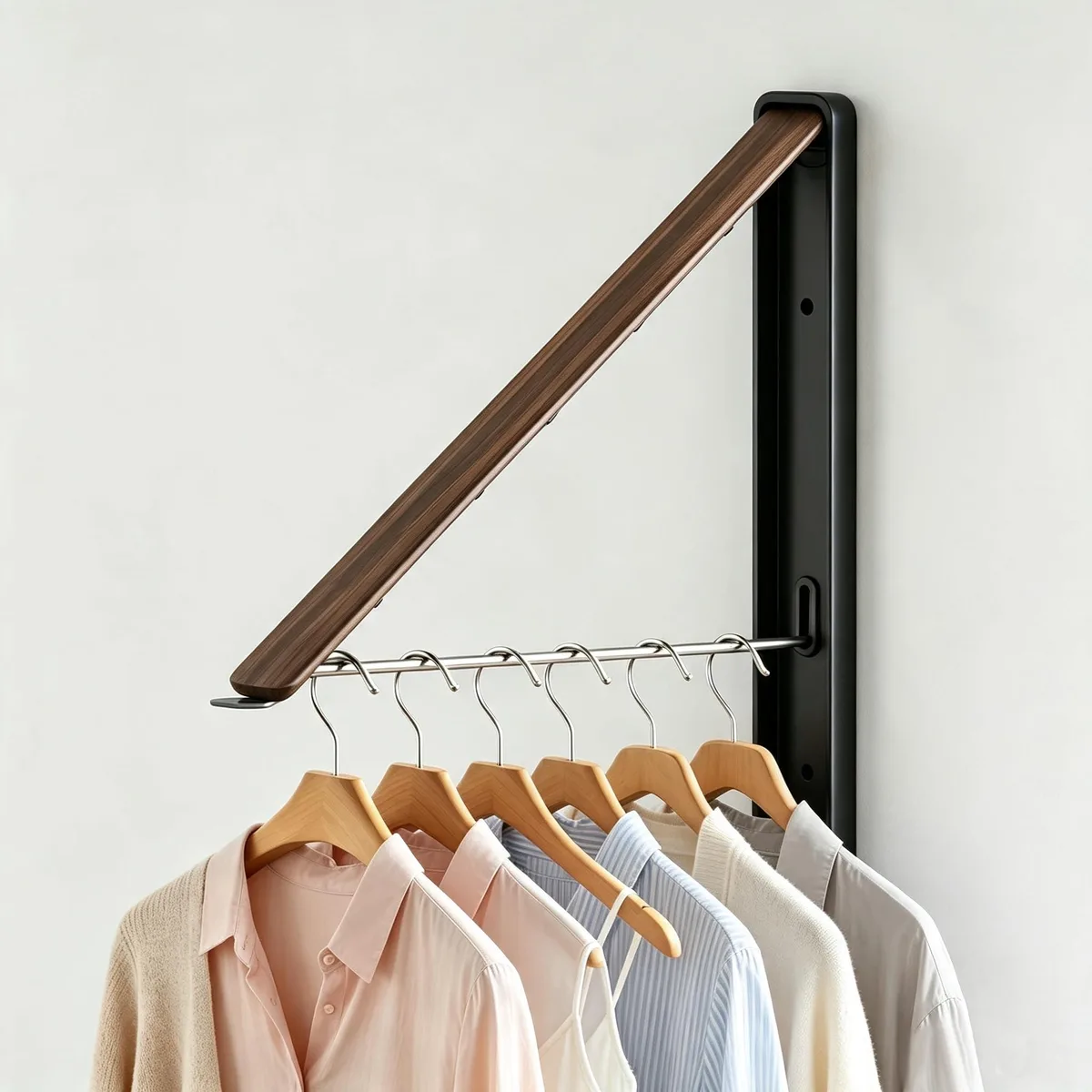White metal folding wall-mounted drying rack, 15.3 inches wide, shown extended with horizontal rods