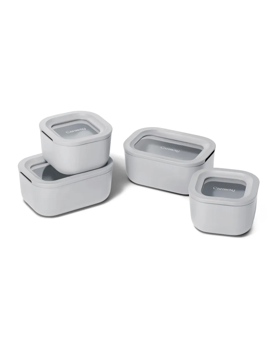 Gray glass food storage set with ceramic coating, nine pieces in storage rack