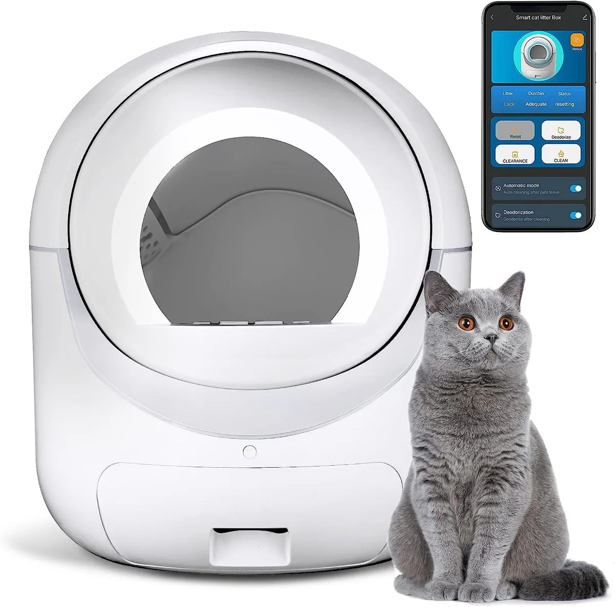 White enclosed automatic litter box with rounded corners and a front entry, matte finish, compact rectangular shape