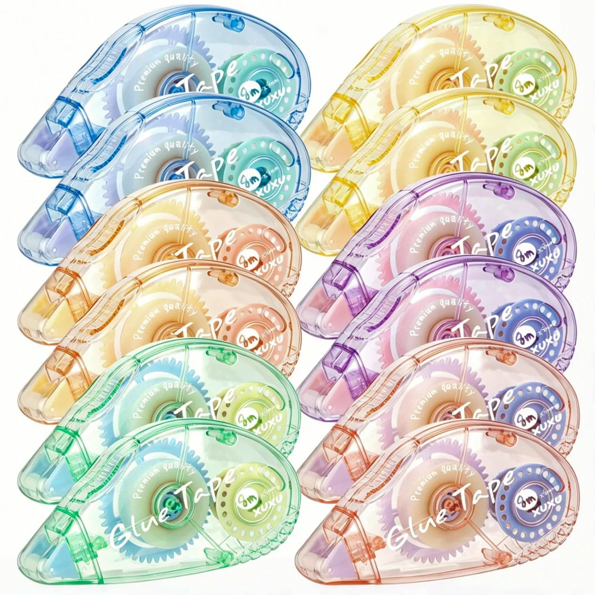 Twelve double-sided tape dispensers in six transparent candy colours, each with a matching coloured roller wheel