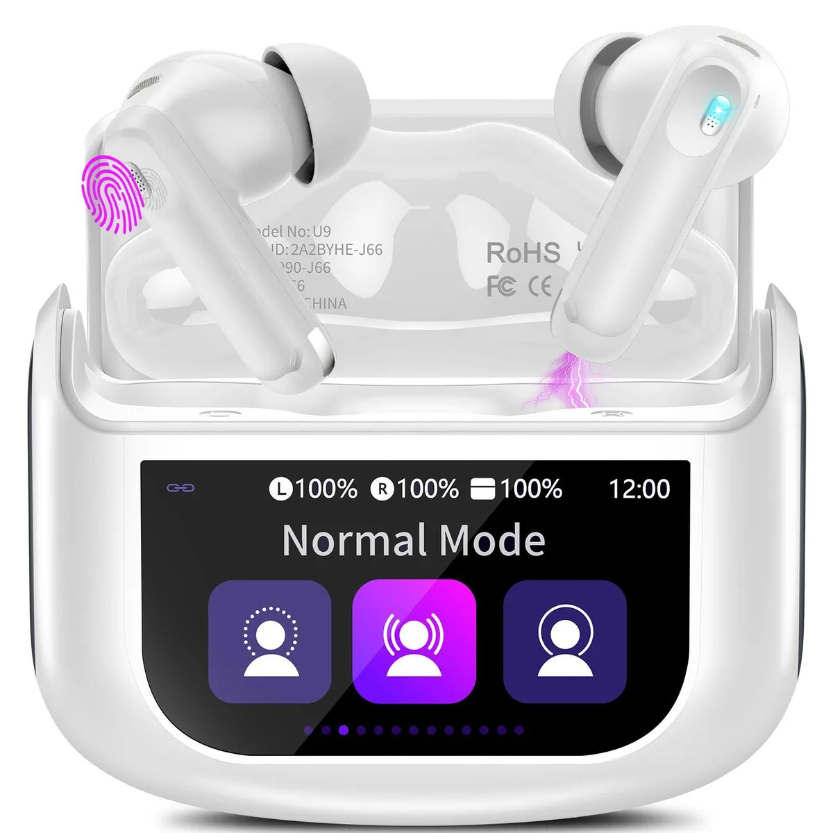 White in-ear earbuds with touch-screen charging case